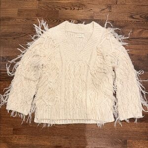 Anthropologie Ivory V-Neck Sweater with Fringe